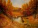 Waldlandschaft mit einem Bach - Boris Ivkov - Ãl auf Leinwand - BÃ¤ume-Berge-Himmel-Bach-Wald-Wiese-Herbst - Realismus
